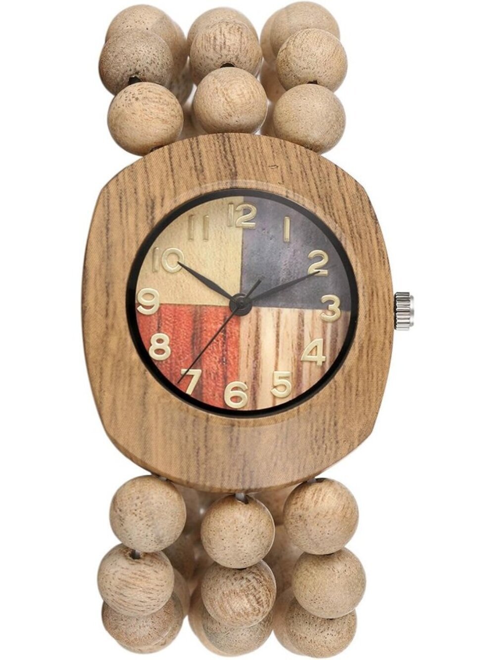 Women's Beige And Colorful Dial Buddhist Beaded Bracelet Elastic Wooden Watch